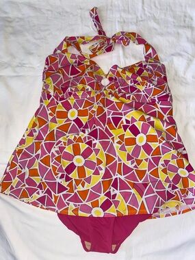 Tropical Escape Pink Orange Yellow Floral Halo One-Piece Swimdress